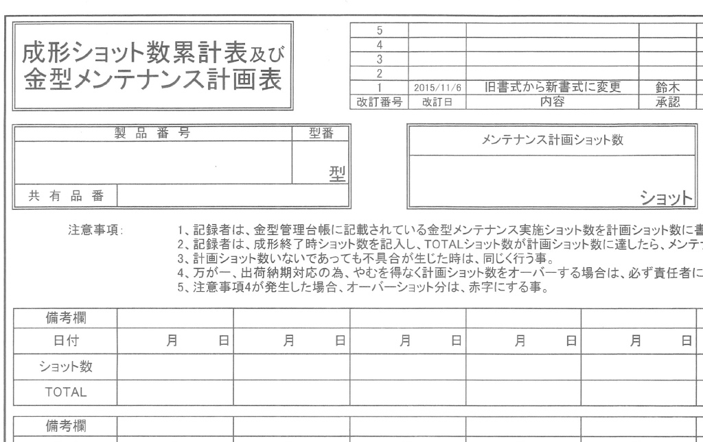 成形ショット数累計表および金型メンテナンス計画表